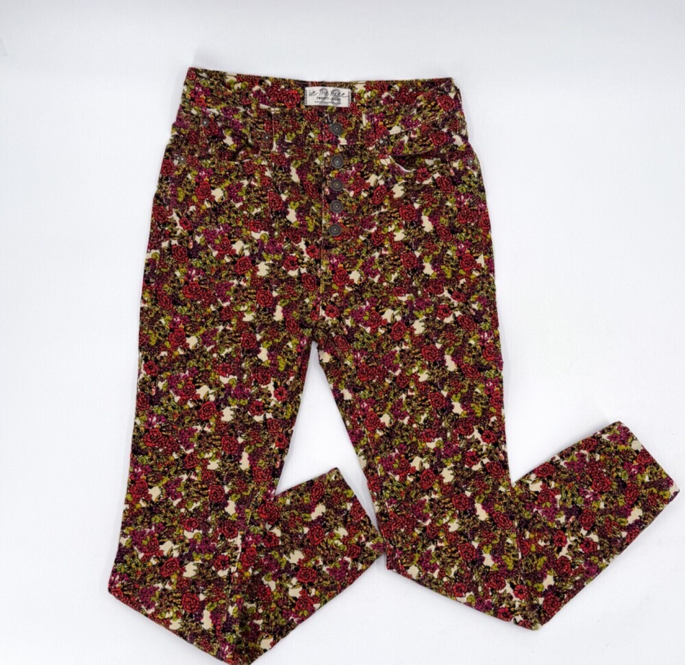We the Free Pants Womens 28 Floral Corduroy Button Fly Skinny Leg High Rise